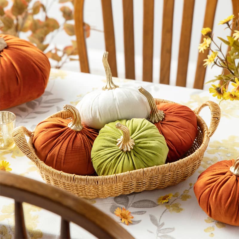 Glitzhome Set of 3 Orange White Green Fall Harvest Velvet Pumpkins Thanksgiving Centerpiece