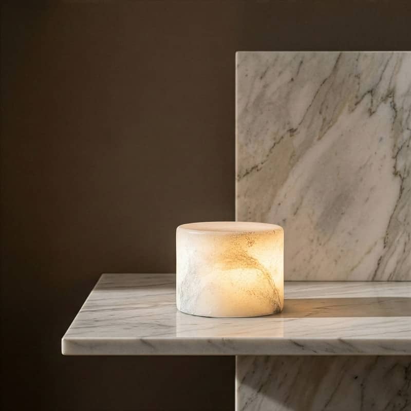 Brightech Rhea 2.3 in. LED Marbled Natural White Alabaster Stone Modern Industrial Battery Powered Bedside Nightstand Desk Lamp