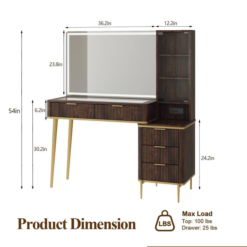 Modern Fluted Makeup Vanity Desk with Lighted Mirror, Dressing Table