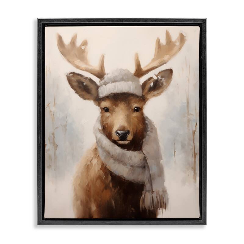 Stupell Cozy Winter Deer Fawn Framed Floater Canvas Wall Art Design By Arlington Prints - 17 x 21 - Black