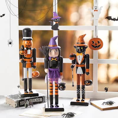 Glitzhome Set of 3 18.5"H Halloween Black Cat/Witch/Pumpkin Wood Nutcracker