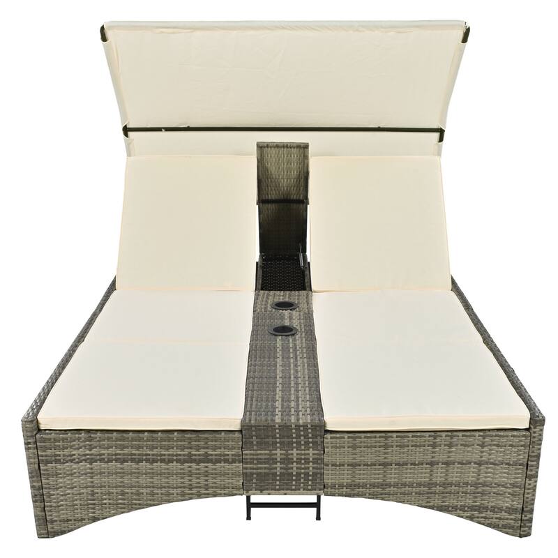 Outdoor Patio Rattan Daybed Sunbed with Canopy and Adjustable Backrest, Storage Box and 2 Cup Holders