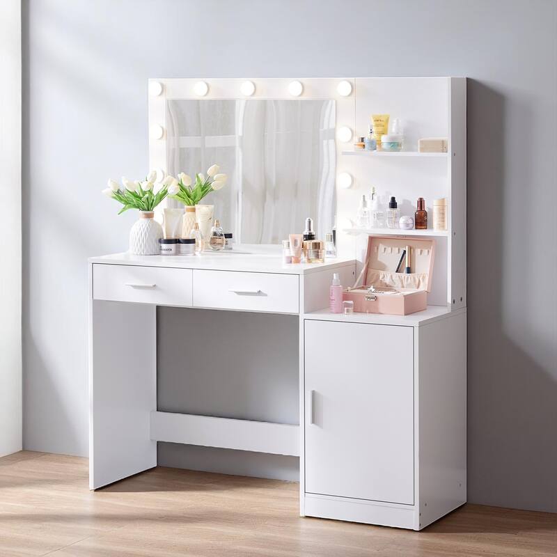 Makeup Vanity with Mirror and Lights, 46.4" Dressing Table with Storage Drawers, Shelves & 3 Light Modes