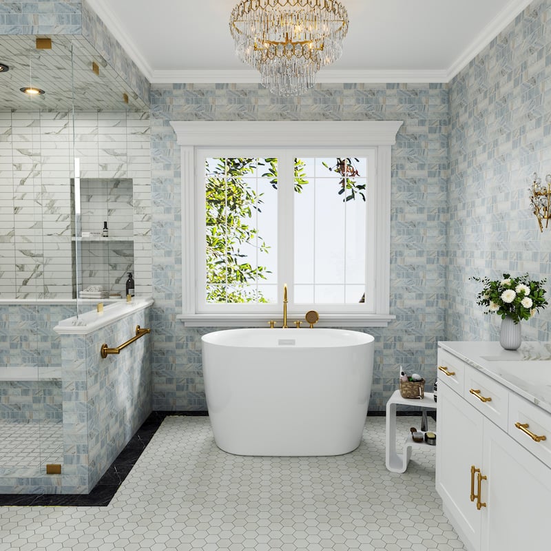 43 in. Freestanding Acrylic Japanese Soaking Bathtub, Oval Compact Space-Saving Design with Included Drainer