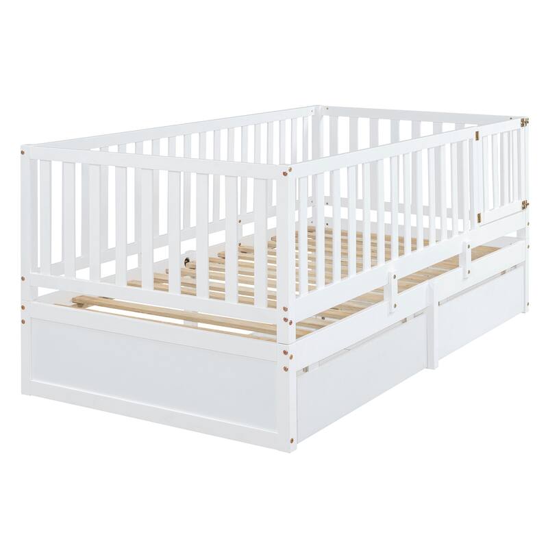 Twin Size Wood Daybed with Fence Guardrails and 2 Drawers, Split into Independent Floor Bed & Daybed