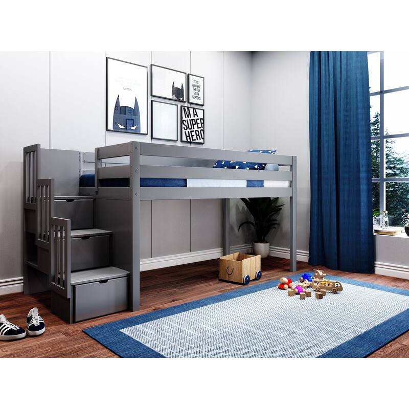 JACKPOT Contemporary Low Loft Twin Bed with 3 Step Stairway