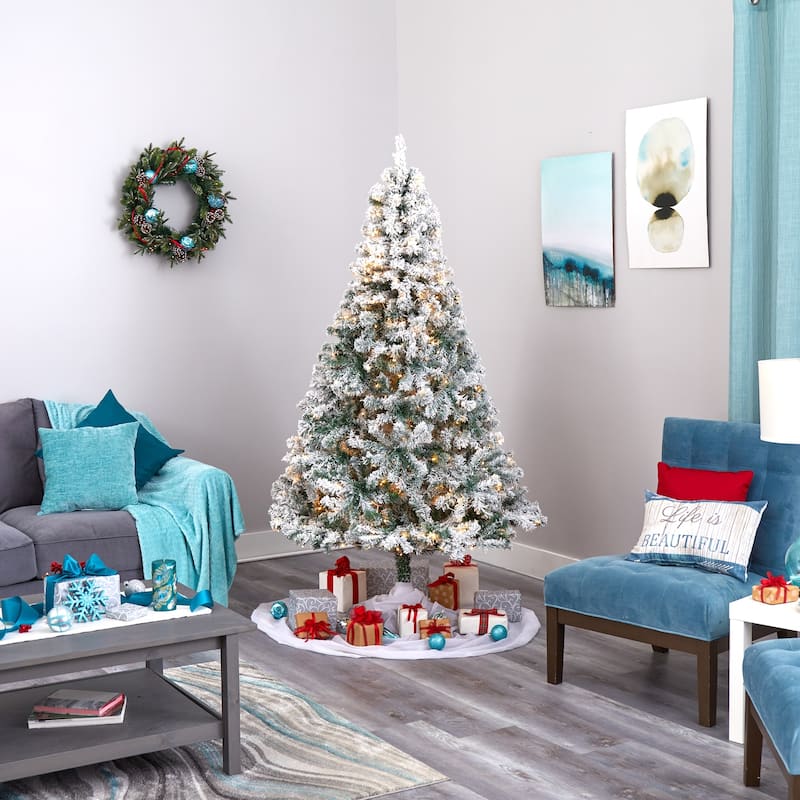 7ft. Flocked Spruce Artificial Christmas Tree with 350 Clear LED Lights & 800 Branches - Snowy Seasonal Holiday X-Mas Tree