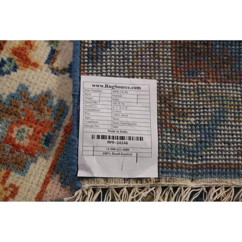 Light Blue & Ivory Oushak Indian Foyer Rug Hand-Knotted Wool Carpet - 2'6"x 6'1"