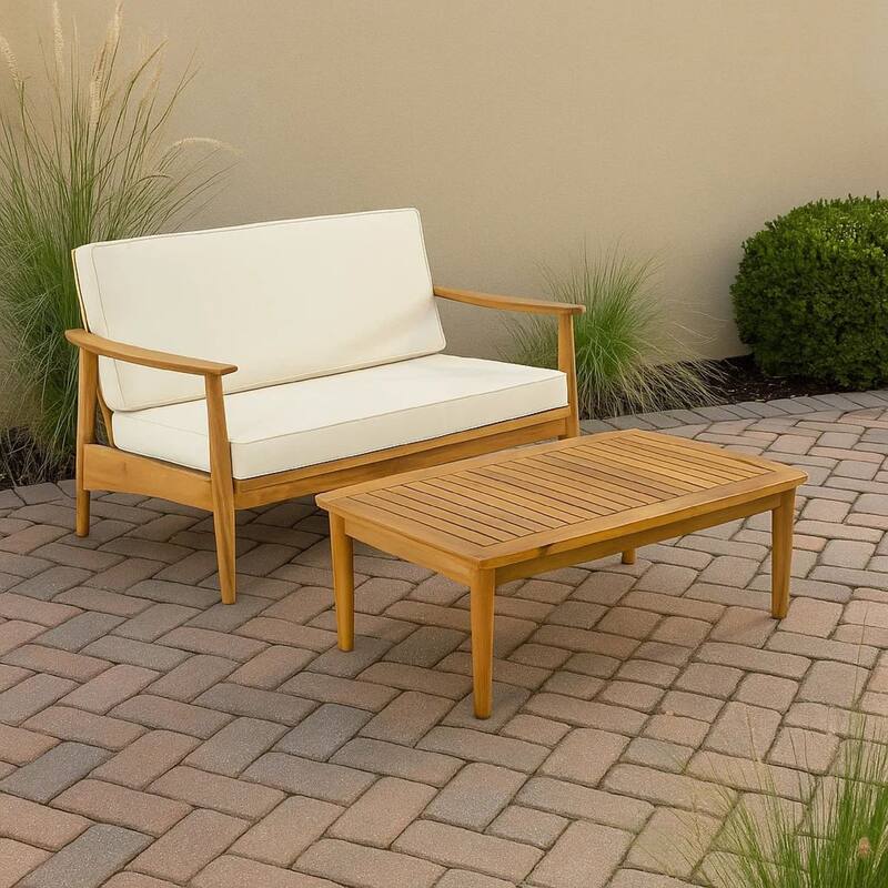 Roxy 2pc Outdoor Loveseat and Coffee Table Set, Acacia Wood, Cream