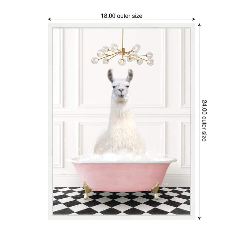 Kate and Laurel Sylvie Llama in Pink Bathtub on Checker Floor Framed Canvas by Amy Peterson