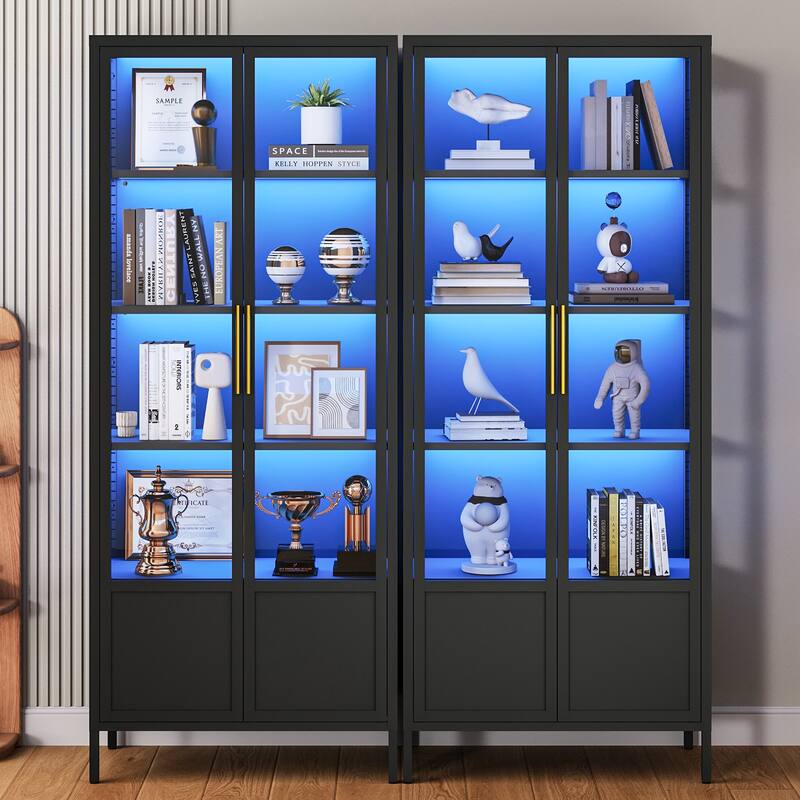 5-Tier Tempered Glass Curio Display Cabinet with Doors, Adjustable Shelves and 13 Color Lights - 67"H x 27.5"W x 13.8"D