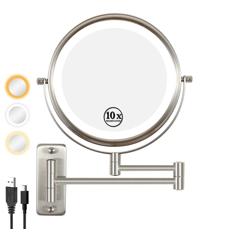 8in. LED Light Wall Mounted Makeup Mirror with 3 Colors, 1x/10x HD Magnifying Double-Sided Mirror, Extension Arm - Brushed Nickel