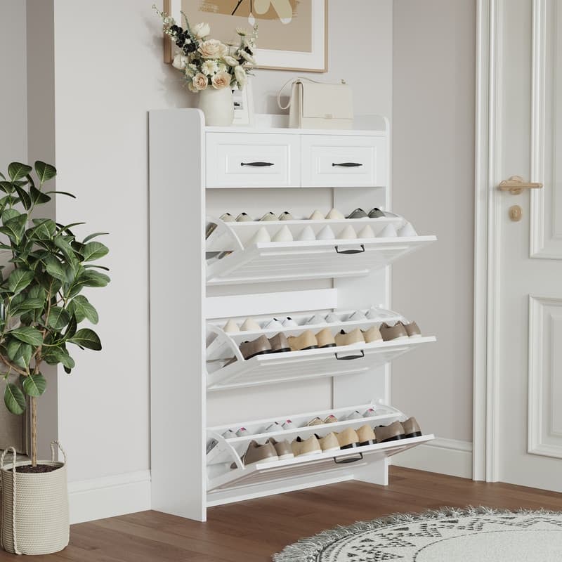 White Wooden Shoe Cabinet with 3 Doors and 2 Drawers