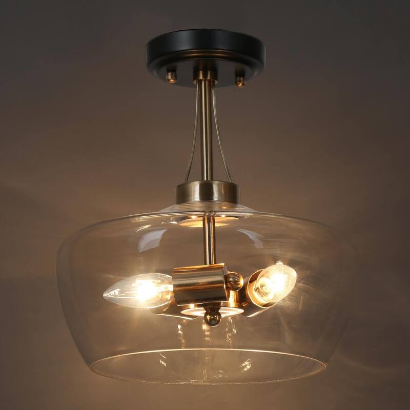 Zelena Modern Farmhouse 3-Light Black Gold Bowl Glass Semi-Flush Mount Kitchen Ceiling Light
