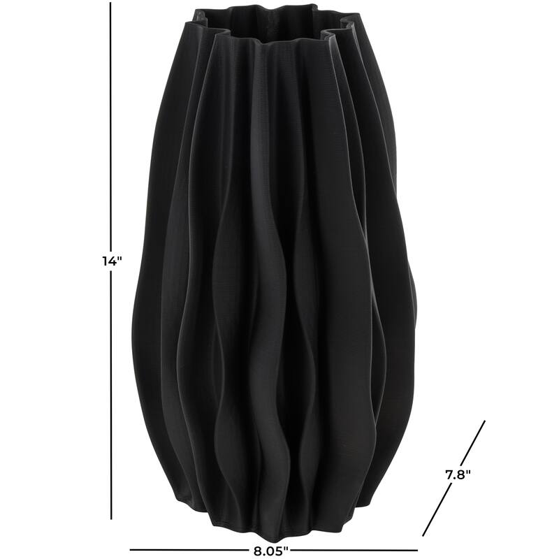 Black Ceramic Dimensional Wavy Ribbed Abstract Vase with Floral Shaped Rim