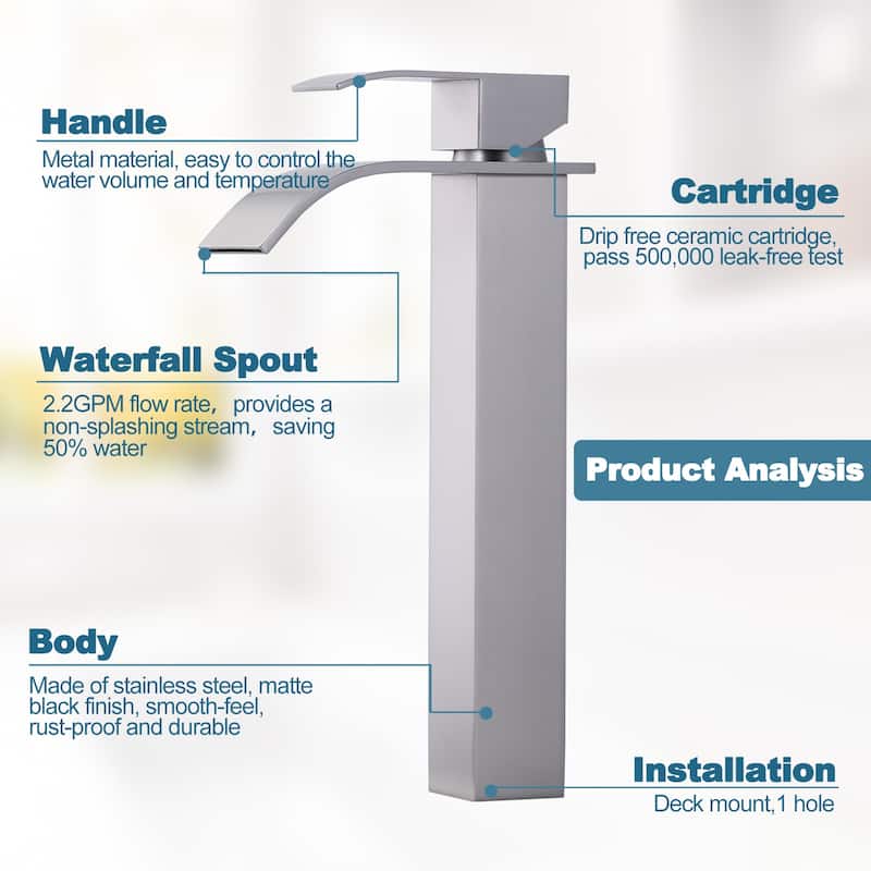 WOWOW Single Handle Single Hole Waterfall Bathroom Vessel Faucet