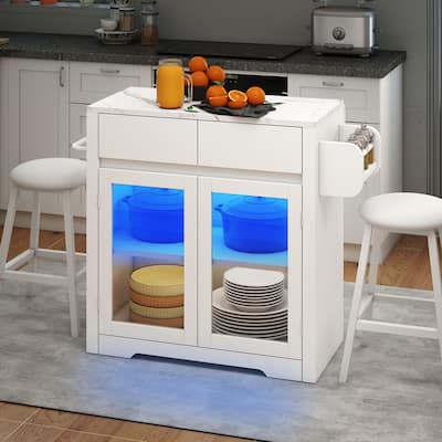 Moasis Rolling Kitchen island with Seating and LED Lights,Mobile Storage Islands with Drop Leaf, Dining Table with Power Outlet