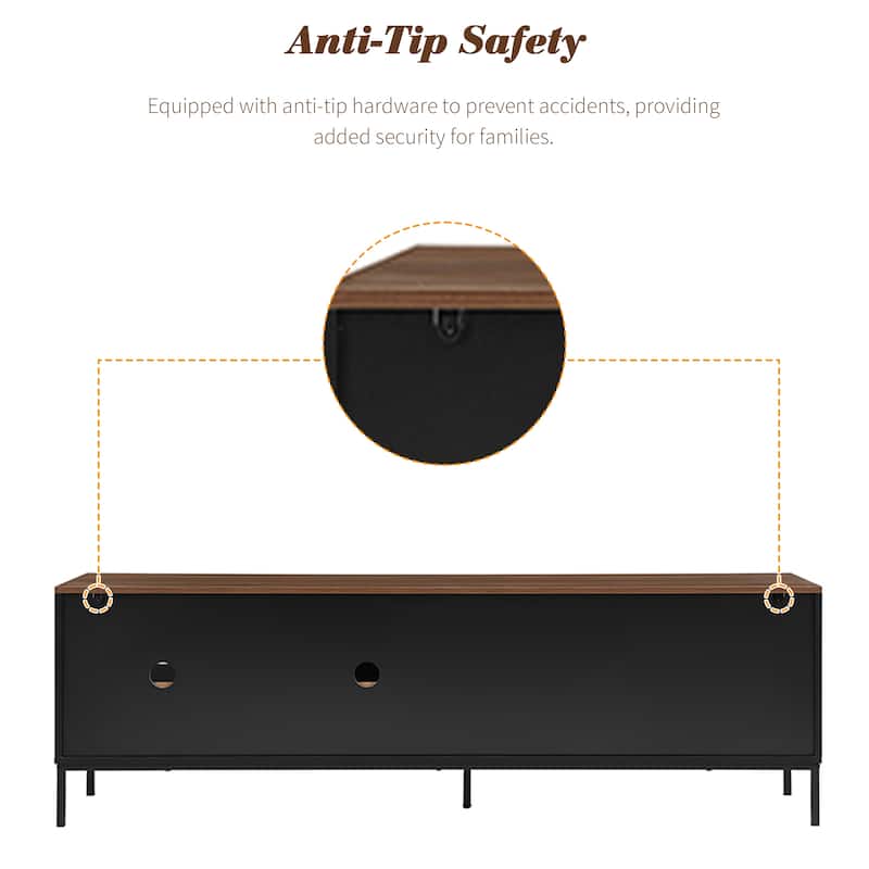 70.8'' Mid Century Modern TV Stand for 75'' TVs, Walnut Media Console with Sliding Doors, Drawer, Adjustable Shelves