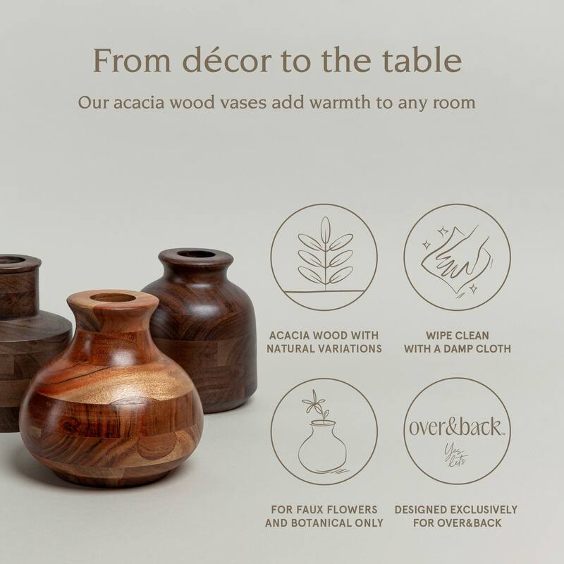 over&back 100% Acacia Wood Vases for Faux or Dried Florals Set of 3