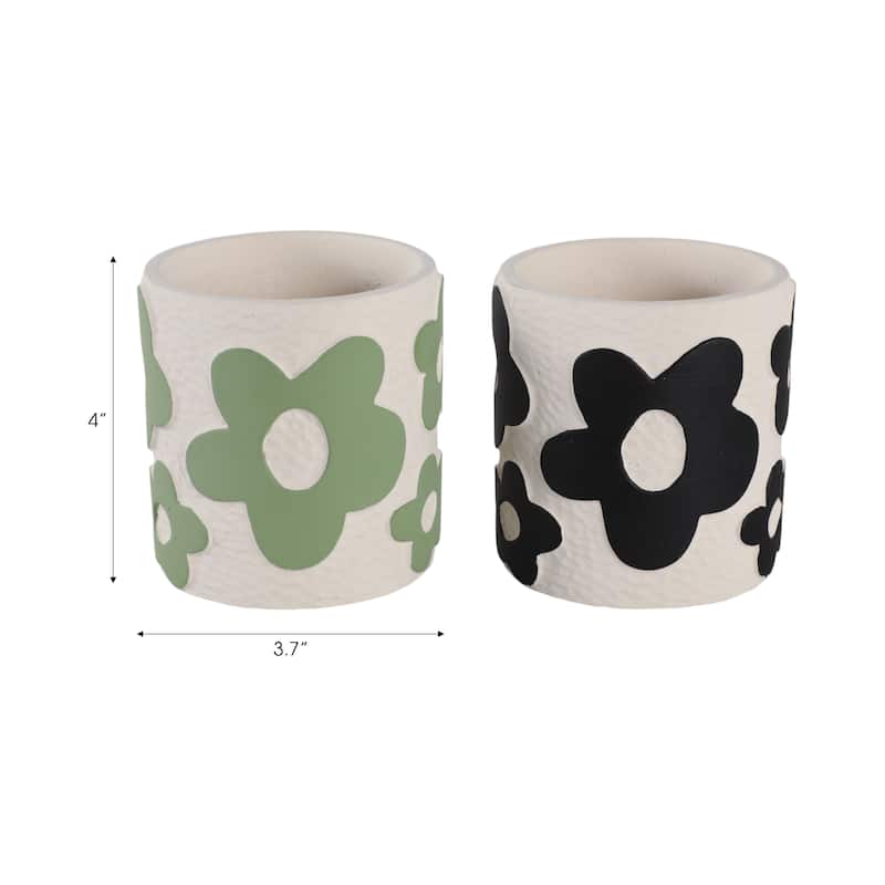 Decorative Flower Pencil Cups Storage - Set of 2, 4", Green & Black - 4.0"