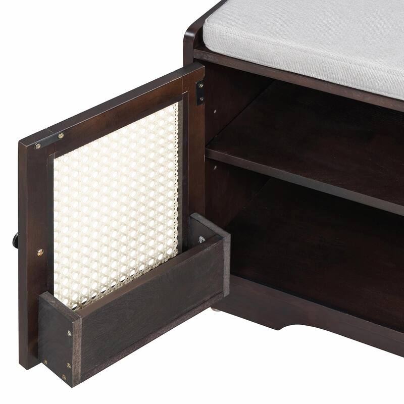 Rustic Storage Bench with Removable Cushion, Woven Rattan Doors & Adjustable Shelves