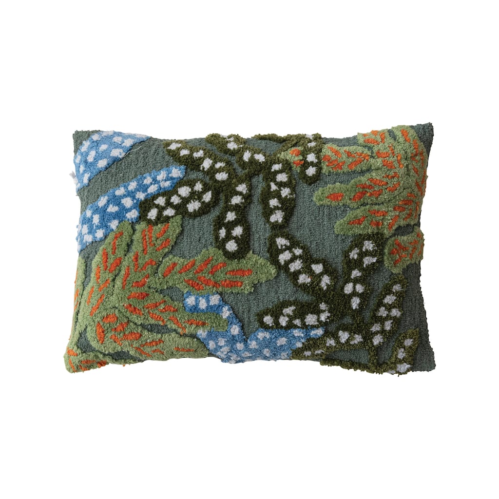 Tufted Fabric Indoor/Outdoor Lumbar Pillow with Botanicals - 24.0"L x 16.0"W x 1.0"H