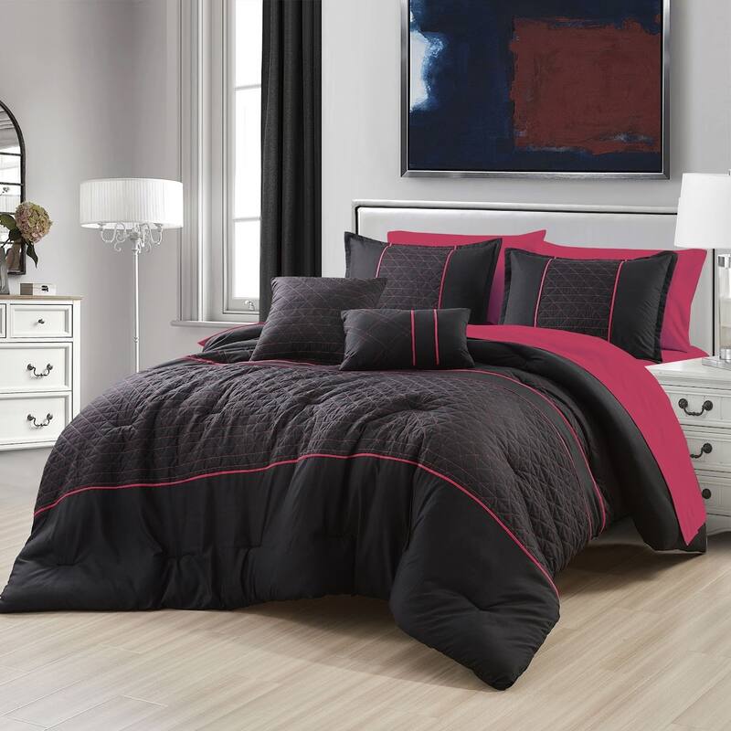 9 Piece Bed-in-a-Bag Pink Black Geometric Solid Soft Bedding Comforter Set - California King