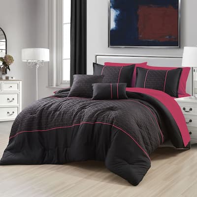 9 Piece Bed-in-a-Bag Pink Black Geometric Solid Soft Bedding Comforter Set