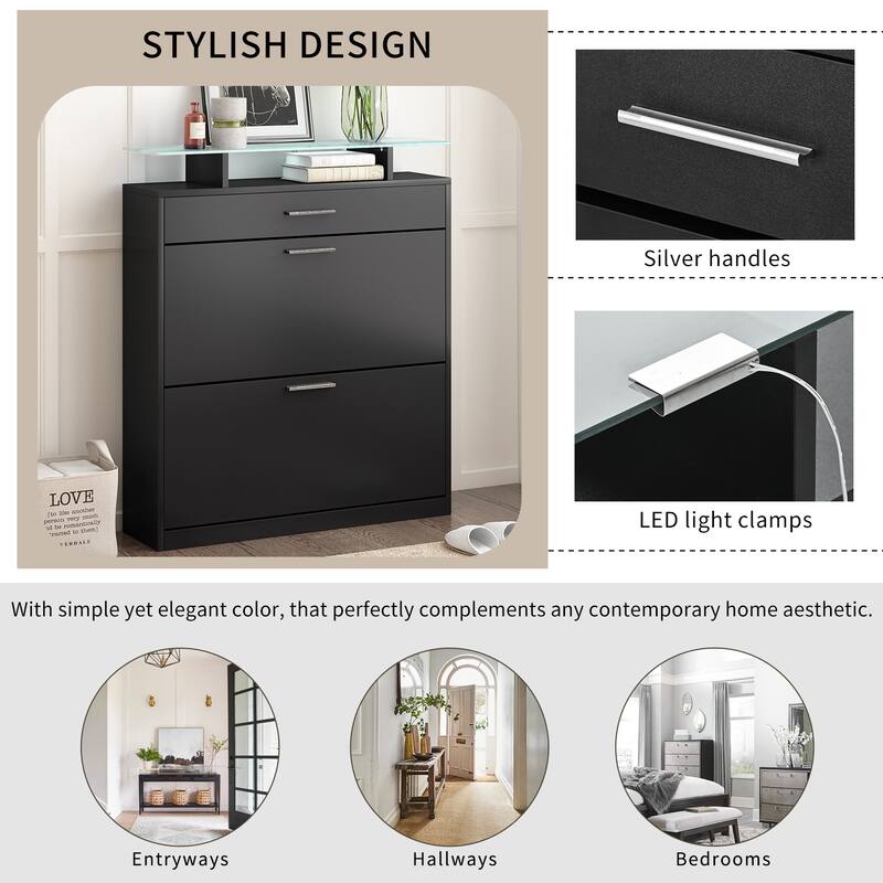 Contemporary Shoe Rack Storage Cabinet with Adjustable Shelves, Tempered Glass Top and LED Lighting, for Hallway Organize