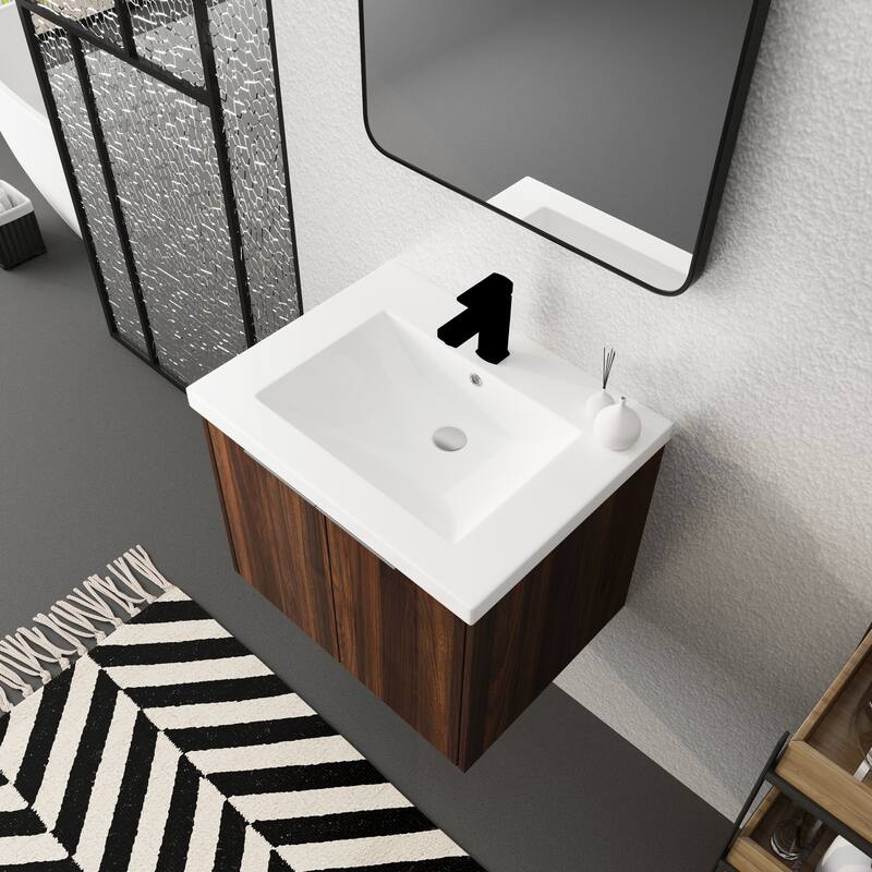 24x18 Floating Bathroom Cabinet with Sink, Soft-Close Doors & Metal Handles, Ideal for Small Bathrooms