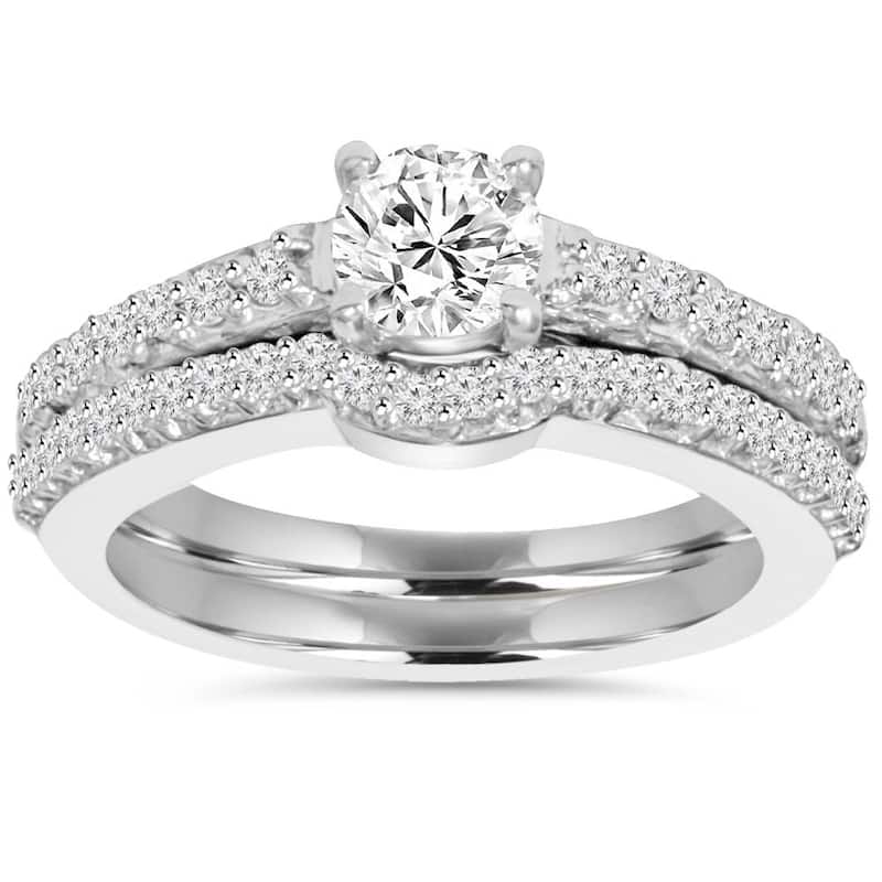 1ct Pave Diamond Engagement Wedding Matching Ring Set White Gold Round Cut