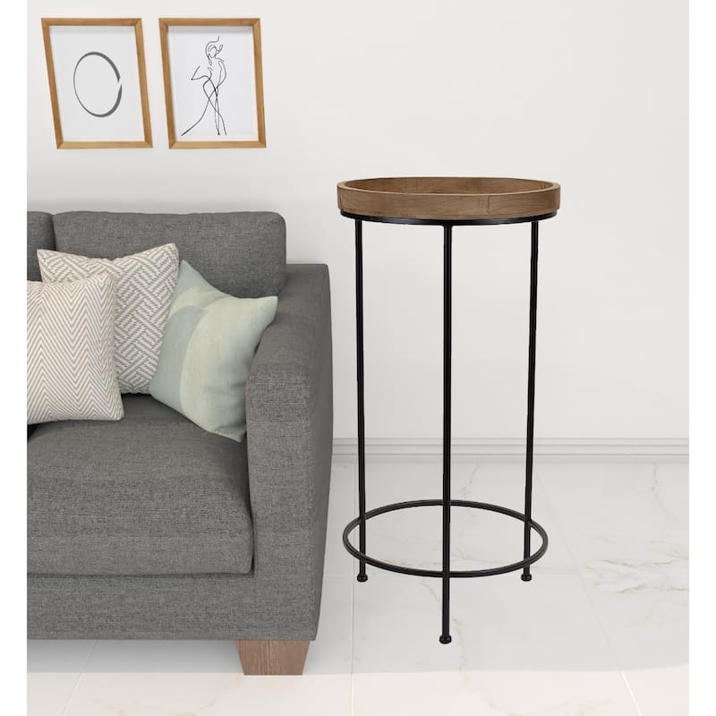 Brown Wood and Black Iron Round End Table Set of 3 with 3 Leg Bases for Living Room - 14.25” x 14.25” x 28.75” (D x W x H)