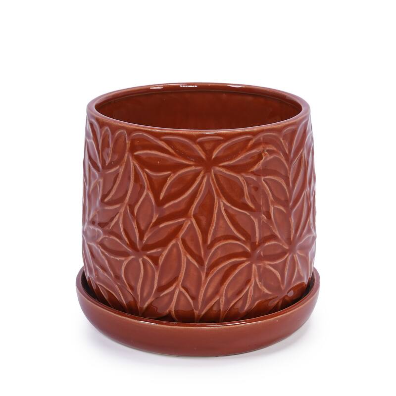 Set of 2 Handmade Modern Embossed Leaf Ceramic Planters with Saucers