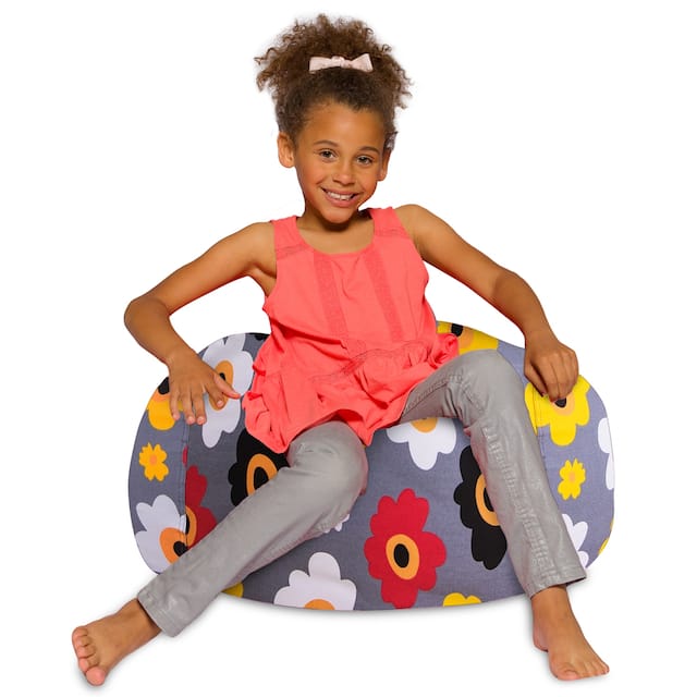 Kids Bean Bag Chair, Big Comfy Chair - Machine Washable Cover - 27 Inch Medium - Canvas Multi-colored Flowers on Gray