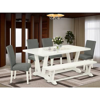 Wood Dining Table Set with Bench and 4 Parsons Chairs - Gray Linen Fabric Seat