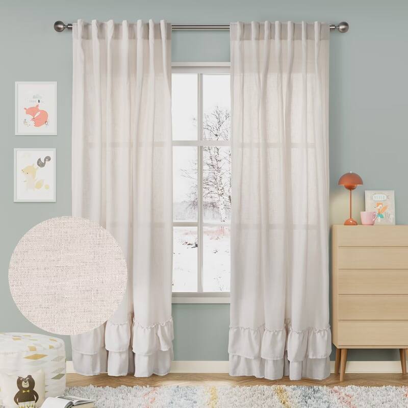 Linen Texture Double Ruffle Semi-sheer Curtain Pair(2 panels)