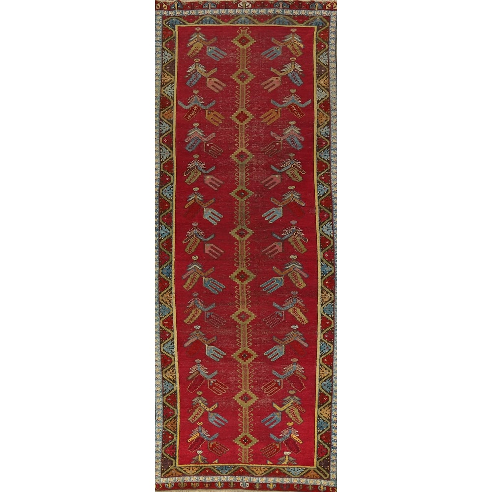 Hand Knotted Oriental 100% Wool Carpet Traditional Geometric Red Karabagh Runner Rug - 12' 0'' X 3' 7''