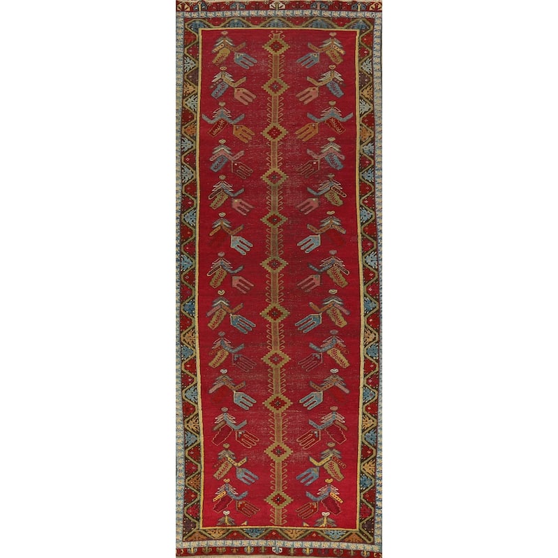 Hand Knotted Oriental 100% Wool Carpet Traditional Geometric Red Karabagh Runner Rug - 12' 0'' X 3' 7''