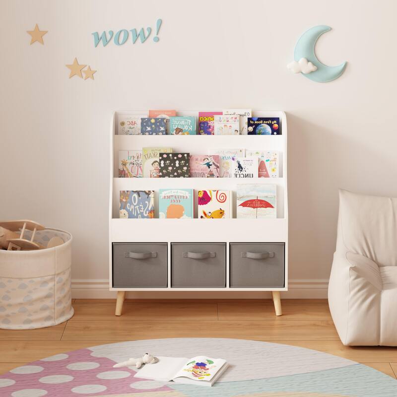 Kids Bookshelf with 3 Fabric Storage Bins, White Wooden Book Display Organizer for Toddlers and Children