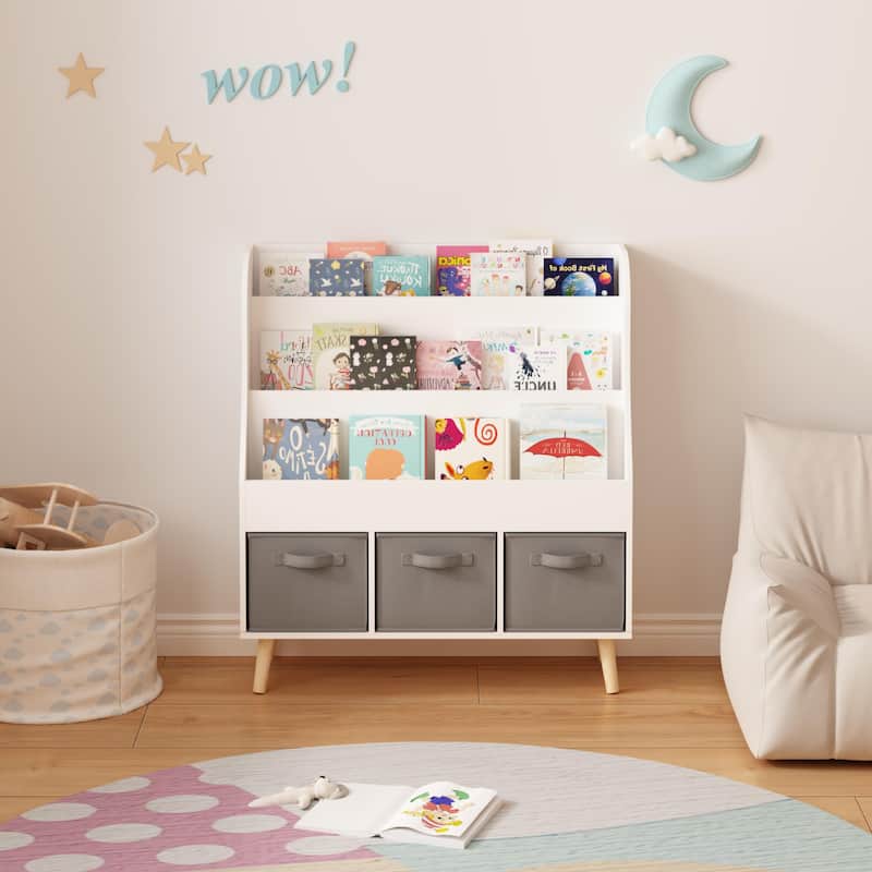 Kids Bookshelf with 3 Fabric Storage Bins