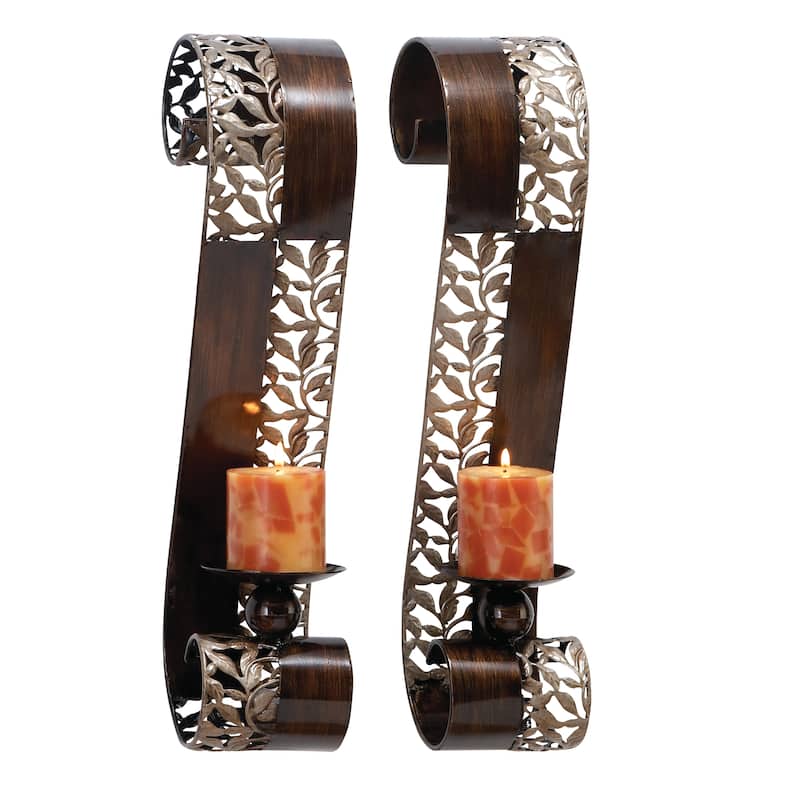 Metal Leaf Cutout Wall Sconce with Scrolled Edges - Set of 2 Brown - Roche River Decor - 5"W x 5"L x 20"H