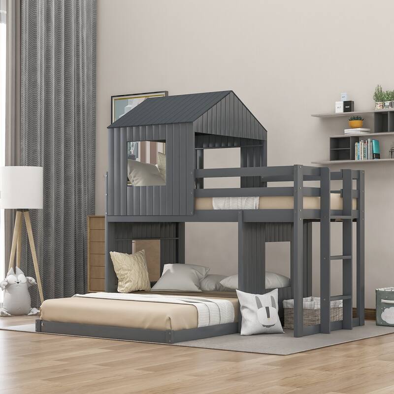 Wooden Bunk Bed, Loft Bed with Playhouse, Farmhouse, Ladder, Slide and Guardrails