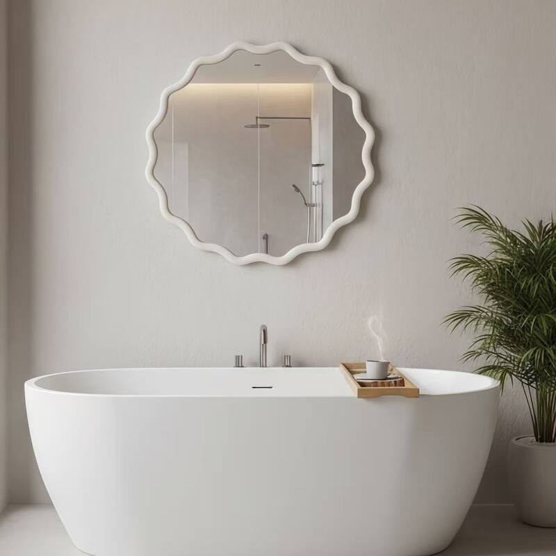 24 inch Wavy Round Solid Wood Frame Decorative Mirror