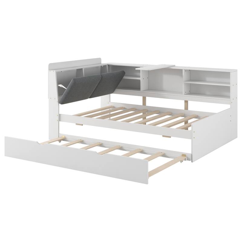 L Shape Daybed Bed with Optional Trundle or Drawers Wood Bookcase Bed with Rotatable Storage Board Upholstered Storage Headboard