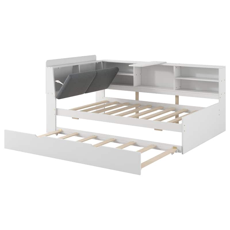 Twin Size Platform Bed with Trundle Bed, Built-in Storage Headboard, Shelves, and Rotating Board, Upholstered Backrest