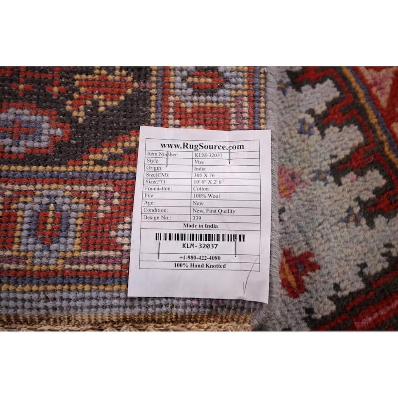 Light Blue Geometric Viss Oriental Runner Rug Handmade Wool Carpet - 2'6"x 10'0"