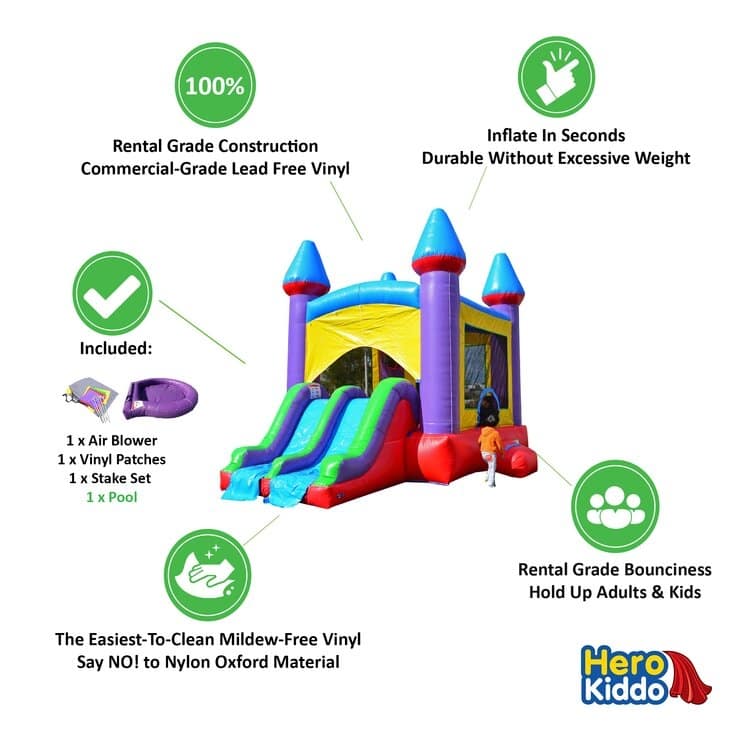 HeroKiddo Jelly Bean Castle Commercial Grade Bounce House & Water Slide Combo with Detachable Pool & Air Blower, Outdoor Fun