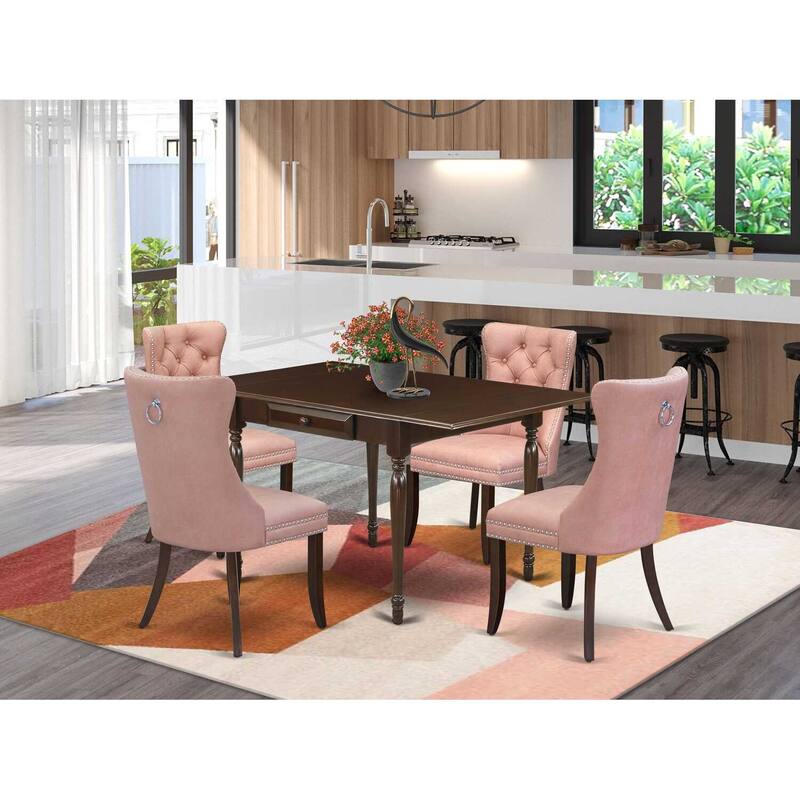 5-Piece Mahogany Finish Solid Wood Top - Rectangular Upholstered Dining Room Set (Seats-4)
