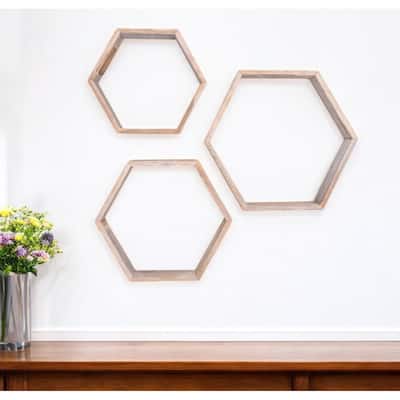 HomeRoots Set of Three Gray Wood Hexagon Wood Open Box Shelves - 14" x 8"