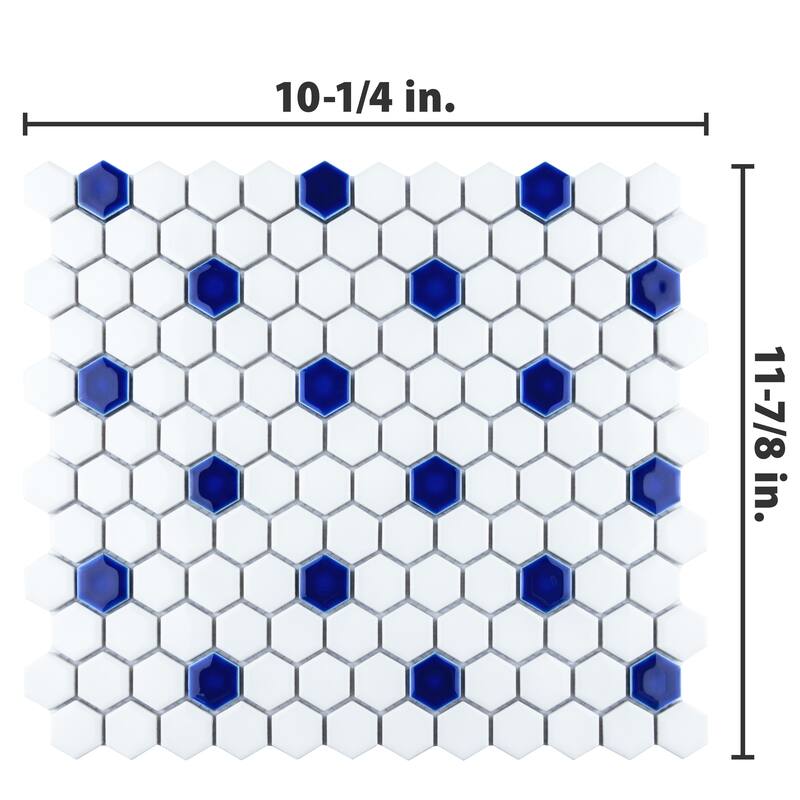 Merola Tile Metro Ion 1" Hex Sapphire Dot w/Glossy White 10-1/4" x 11-7/8" Porcelain Mosaic Floor and Wall Tile